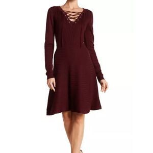 Nina Leonard Burgundy Knit Lace Up V Neck A Line Ribbed Sweater Dress, M